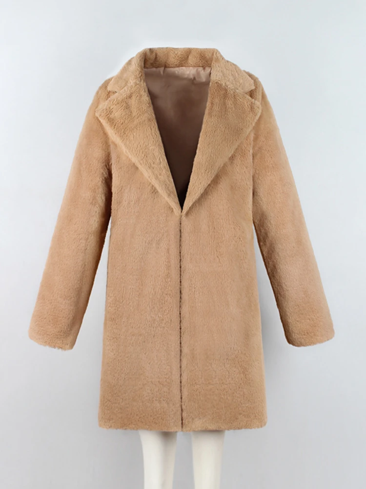 Lapel Solid Color Long Overcoat Women Clothing Imitation Fur Coat Warm For Autumn Winter Internal Lining Long Sleeve Plush Coat