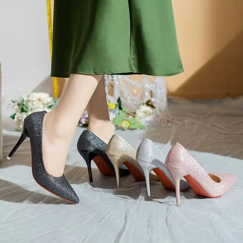 

Glitter Sequins High Heels For Women Luxury Designer Pumps Sexy Pointed Toe Party Wedding Shoes Female Dress Shoes Size 35-45
