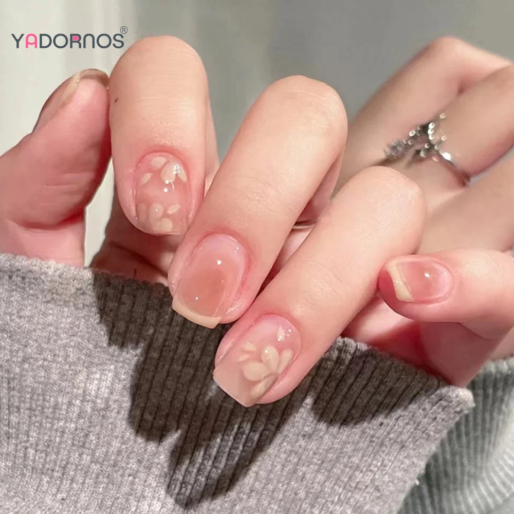 

24Pcs Fake Nails with Flower Designs Pink Translucent Nude Color False Nails Short Square French Press on Nails Tips Finished