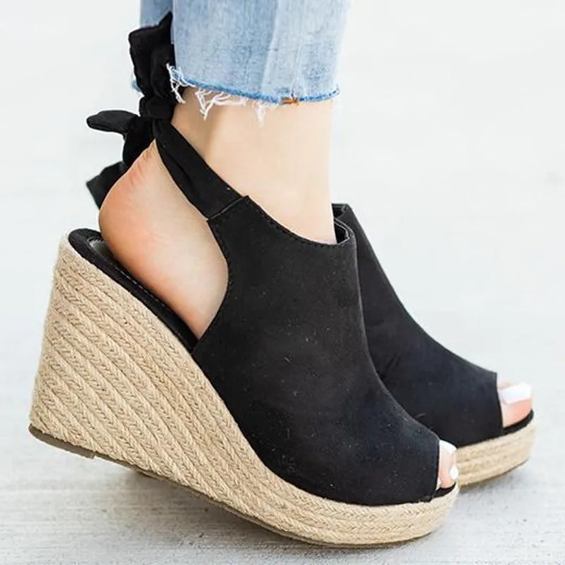 Women's Wedge Sandals Fashion Woven Hemp Rope Platform Beach Shoes Fish Mouth Buckle Solid Color Flats Sandalia Feminino Luxo