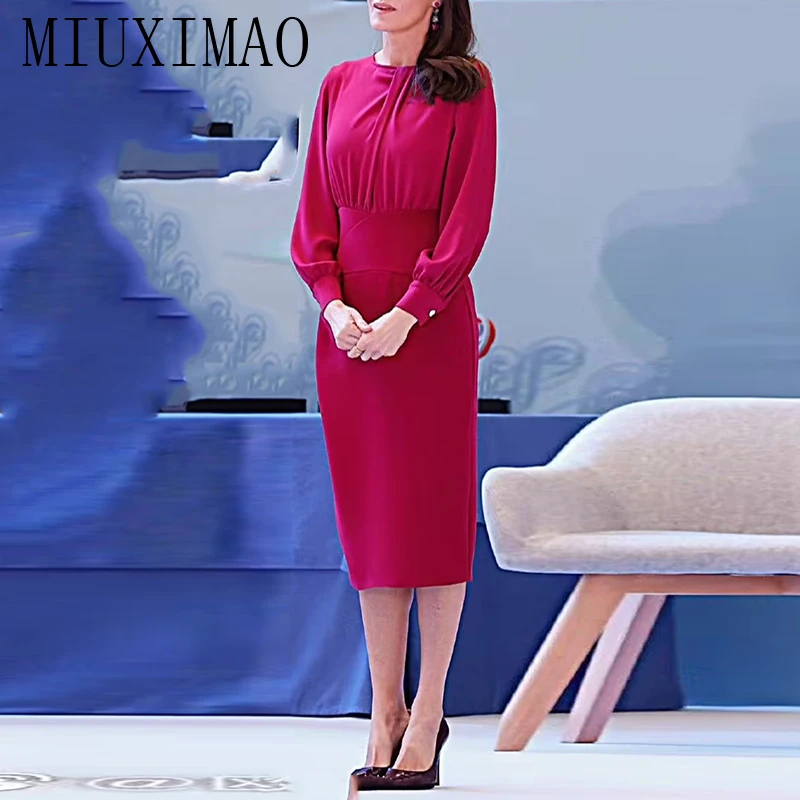 MIUXIMAO 2023 High Quality Spring&Summer Elegant Dress Long Sleeve O-Neck Solid Fashion Long Dress Women Vestide