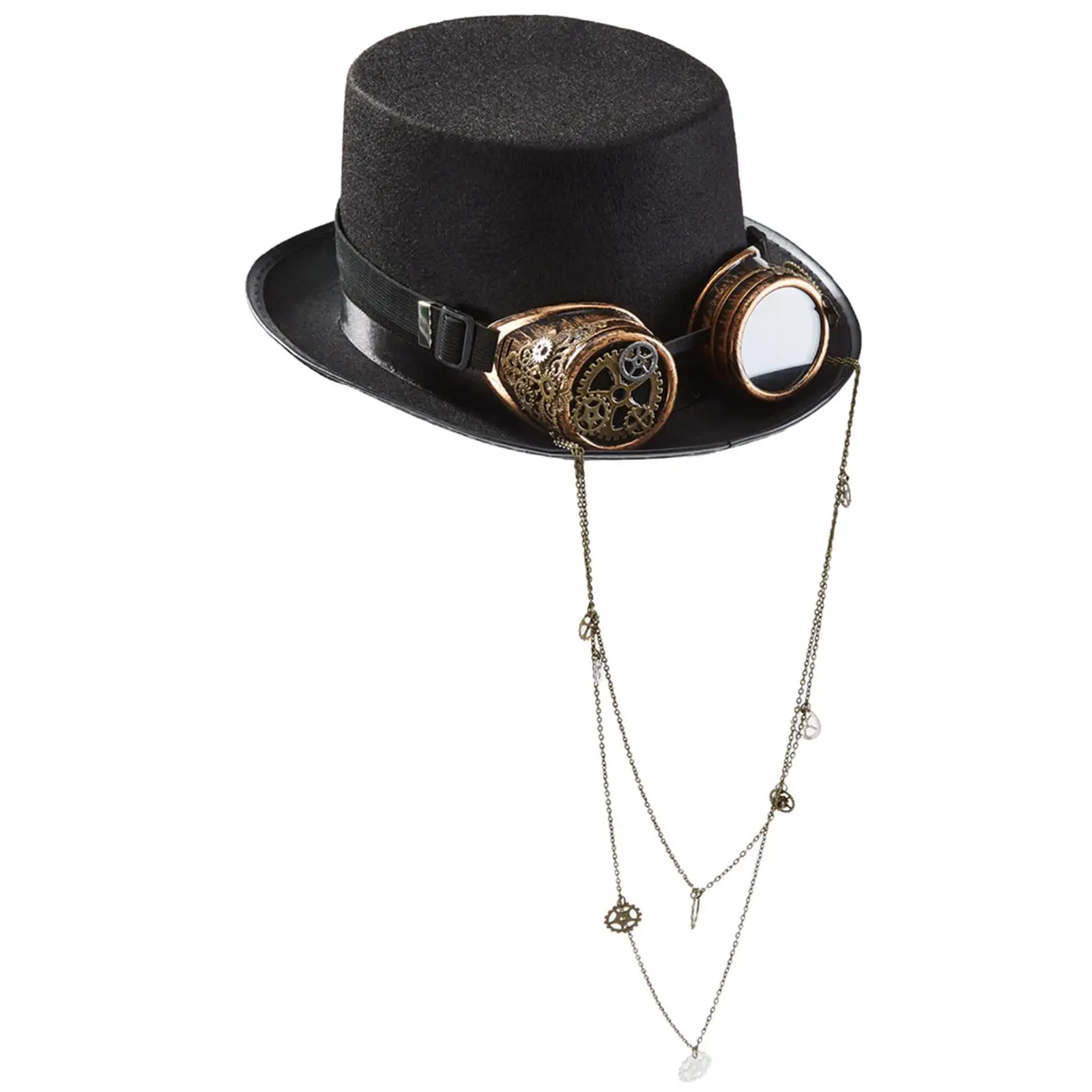 

Gothic Steampunk Hat with Goggles Long Chain Black Top Hat for Mardi Gras Carnival Renaissance Costume Black Premium Material