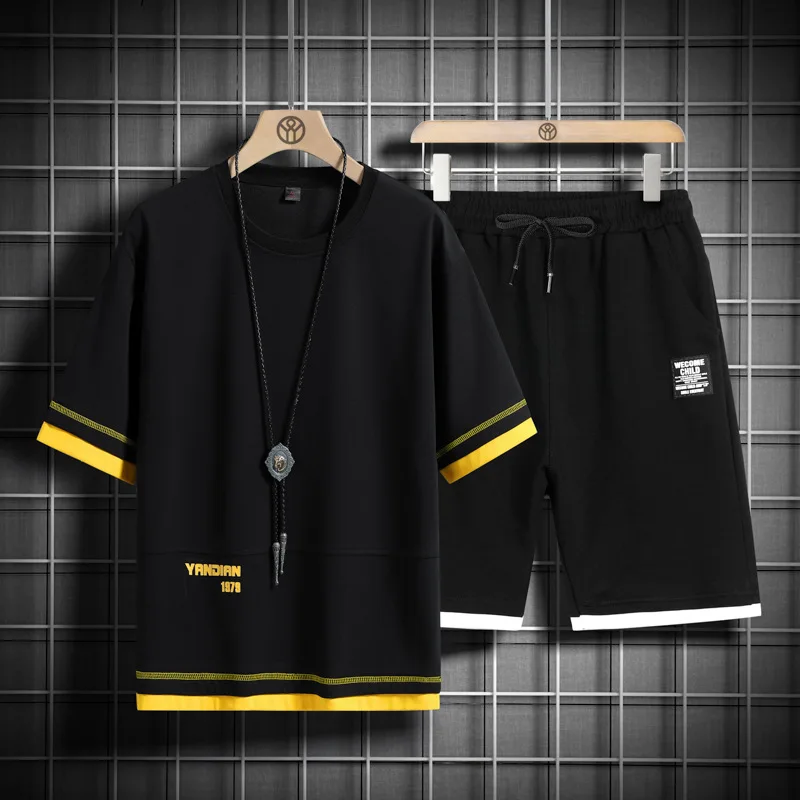 2023 summer new men's sports leisure suit Korean version of youth crewneck short-sleeved T-shirt shorts two-piece set
