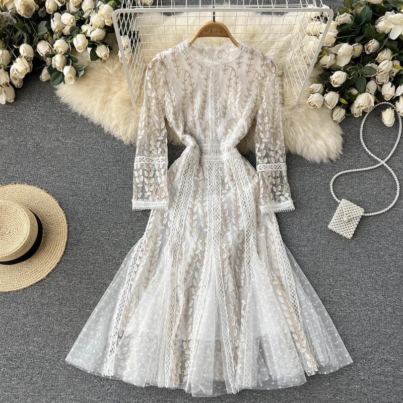 

FTLZZ Spring Autumn Elegant Women Lace Hollow Out Midi Dress Vintage Embroidery Floral Print Mesh Patchwork Dress