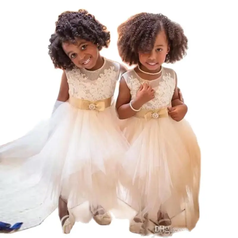 

Платья для девочек с белыми цветами и золотым поясом, прозрачный вырез, Кружевная аппликация, тюлевые платья для девочек на торжество, свадь...