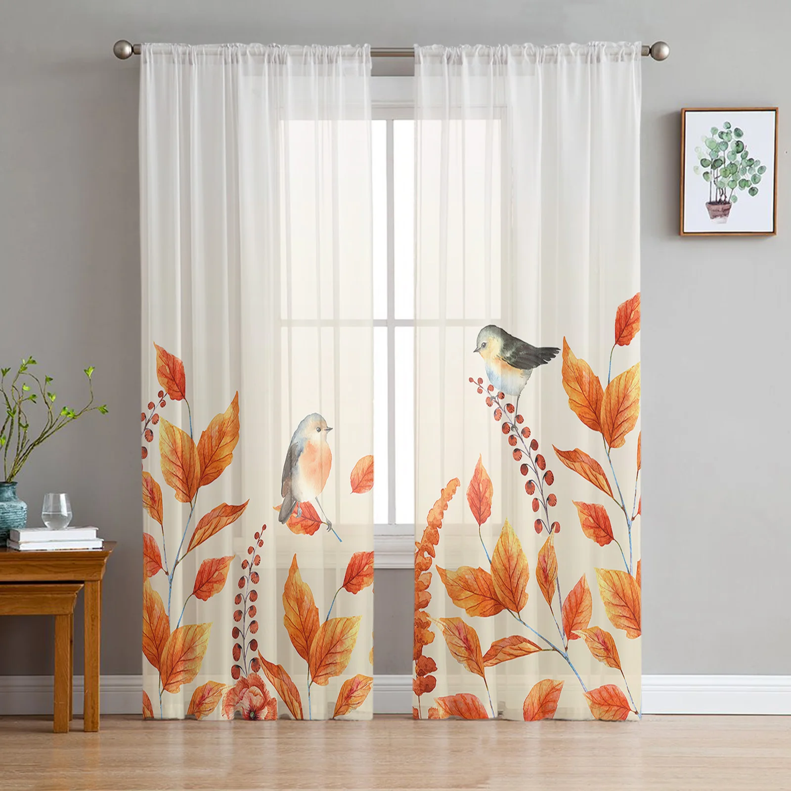 

Autumn Farmhouse Plant Robin Sheer Curtains for Living Room Bedroom Tulle Curtain for Kitchen Home Decor Window Drapes
