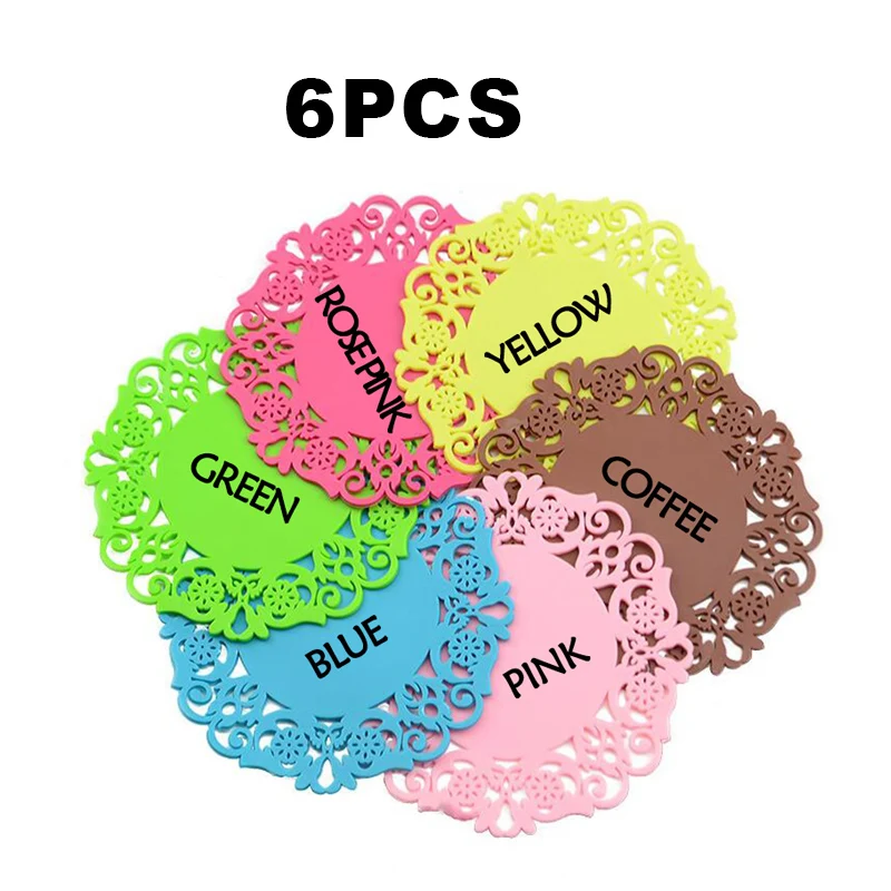 

6 PCS Lace Flower Hollow Doilies Silicone Coaster Coffee Table Cup Mats Pad Placemat Kitchen Accessories Cooking Tools