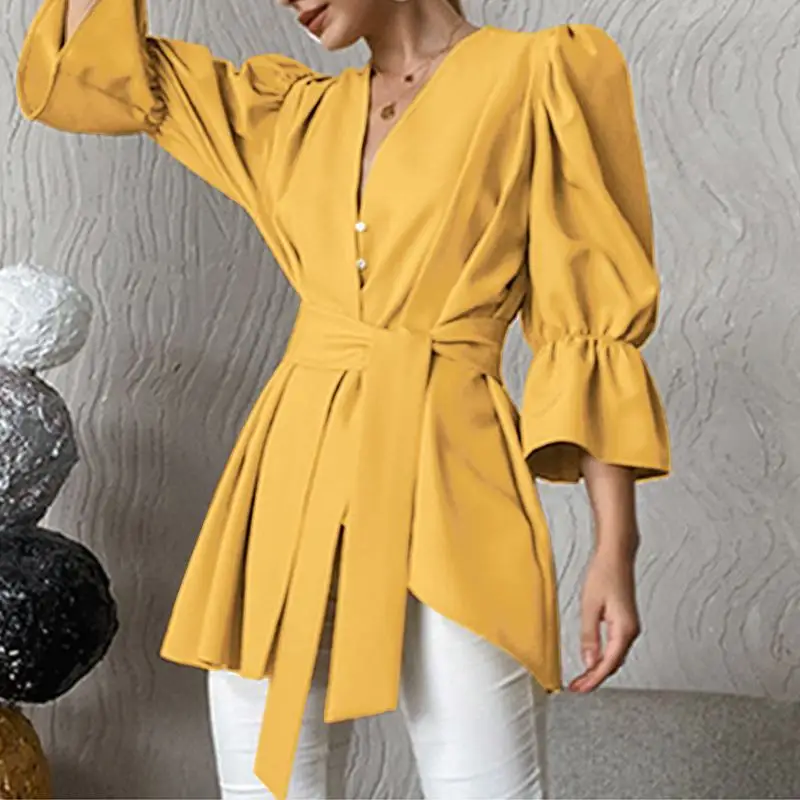 

Women Shirts 2022 VONDA Sexy Office Blouse V Neck Flare Sleeve Tunic Asymmetric Hem Ruffled Tops Baggy Blouse Blusas Femininas