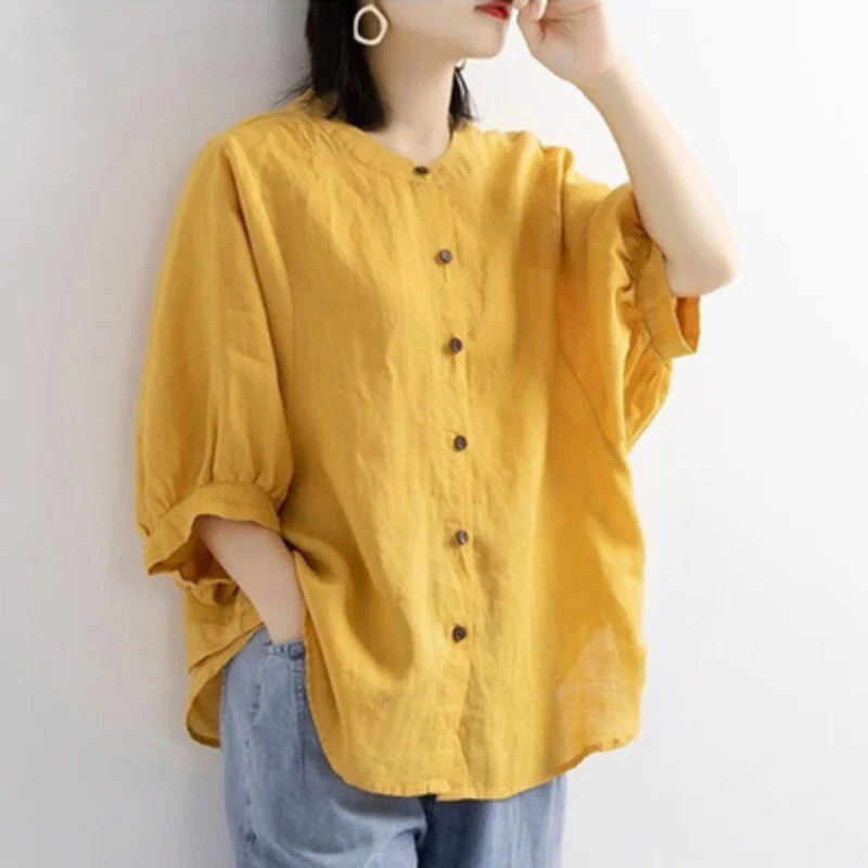 

TPJB New Puff Sleeve Summer Linen Shirt Women Tunics Ladies Loose Vintage Female Blouse Casual Tops T Shirts