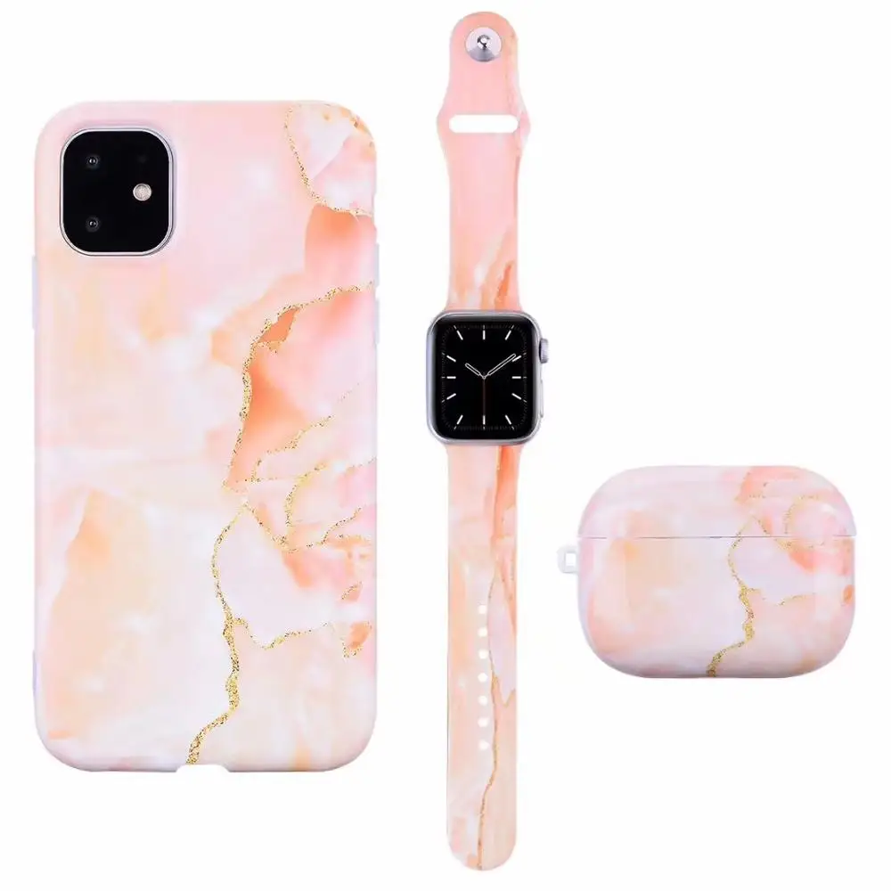 

For iphone 11 Pro Max 12 MINI Fashionable Marble Pattern Phone Case Watch Band Strap 38mm/40MM Earphone Case For Airpods Pro