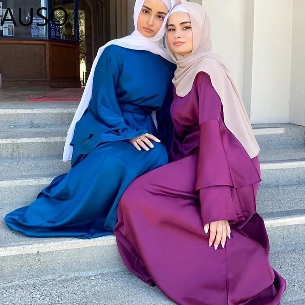 

Summer Women Muslim Thin Satin Hijab Dress Long Layered Flare Sleeves Dubai Turkey Islamic Modest Abaya Gown Kaftan Party Eid