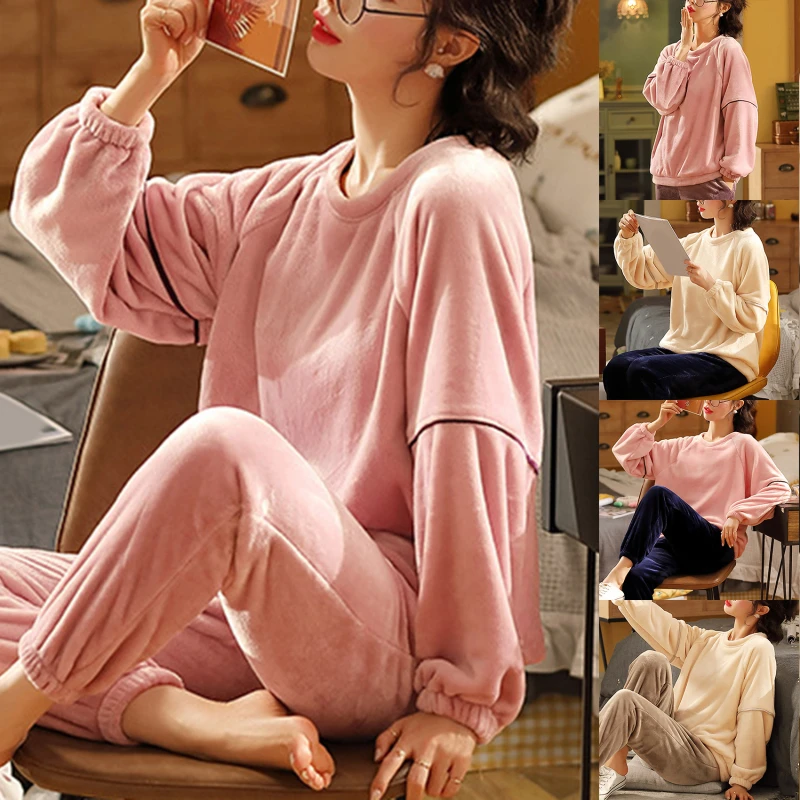 

Winter Women's Flannel Coral Pajamas Sets Sleepwear Thick Loose Casual Soft Warm Nightgown Homewear Clothing Female Suit Pijama