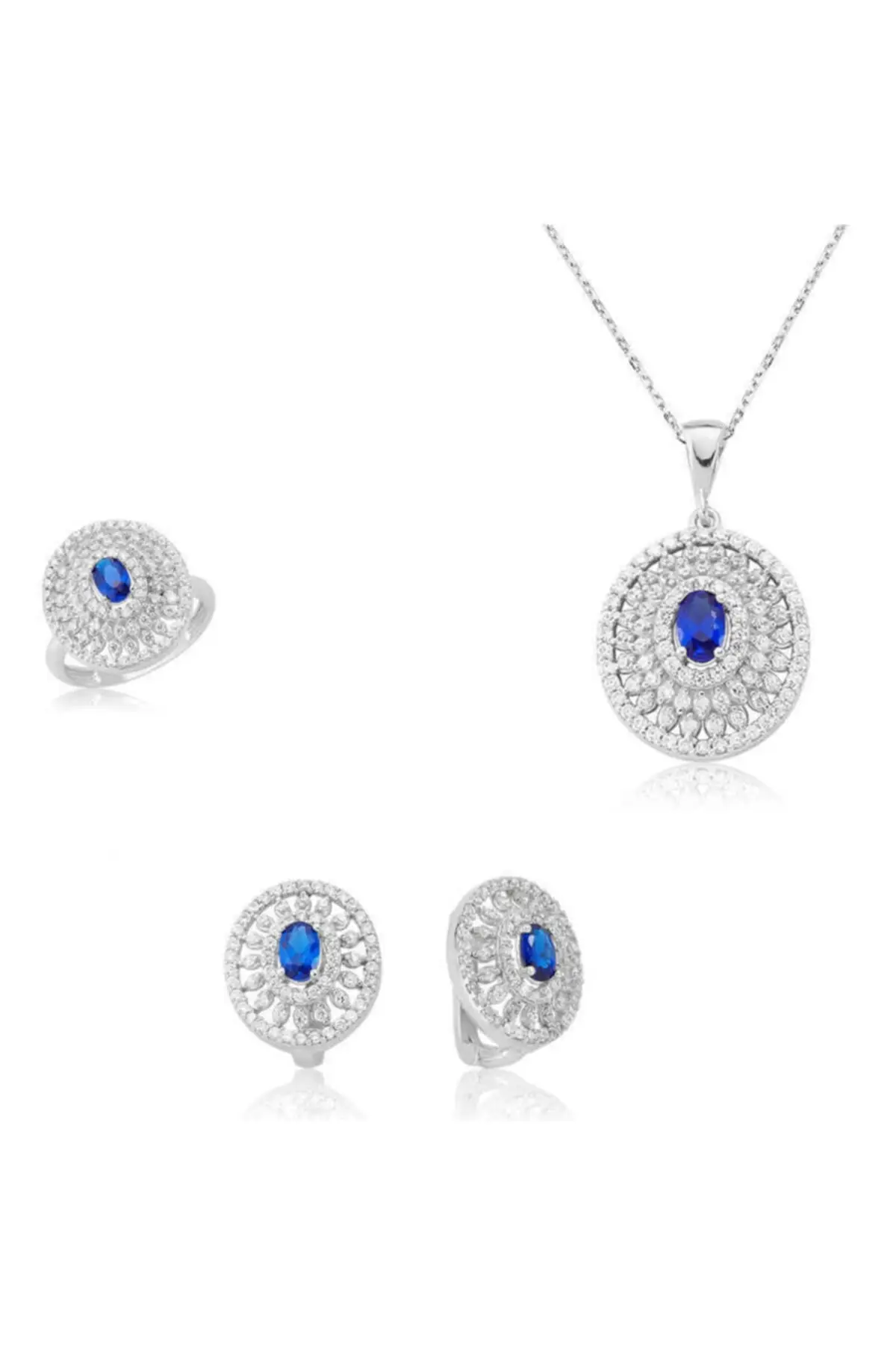 

Women's Blue Flower Pattern Silver Set, earring pendant ring
