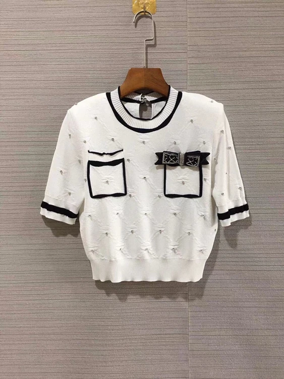 

2022 new women fashion short-sleeved round neck padded shoulder bow pockets beaded decorative knitted top 426