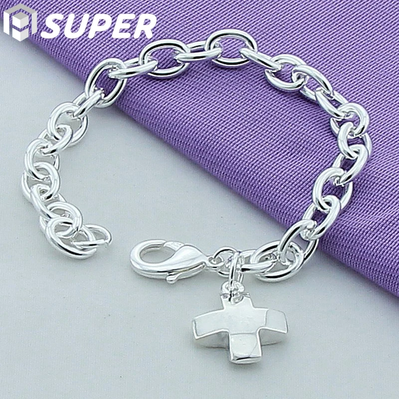 

925 Sterling Silver Solid Cross Pendant Bracelet For Woman Charm Wedding Engagement Party Fashion Jewelry