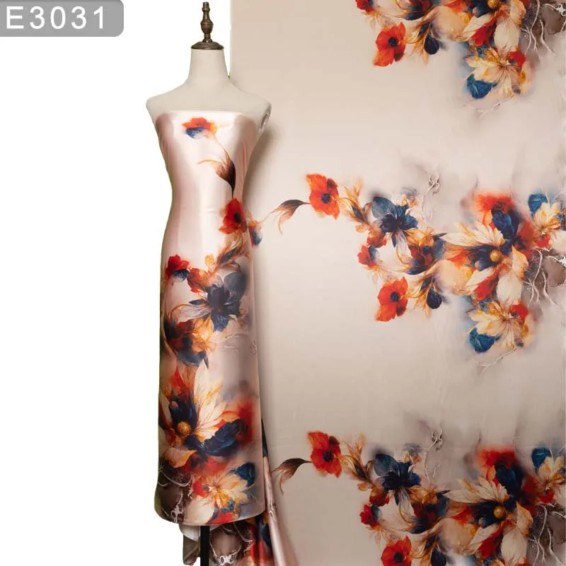 HYSK 100% Шелковая Атласная Ткань Шармез Из Натурального Цветочного Узора Шириной 114