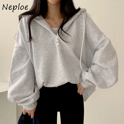 Neploe Spring Autumn New Sweatshirt V Neck Hooded Bat Sleeve All Match Pullover Tops Loose Comfortable Women Oversized Jacket