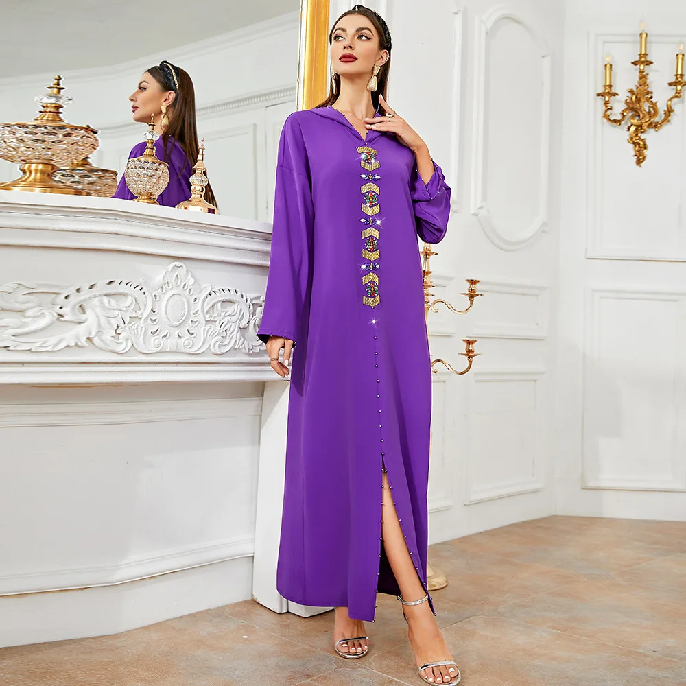 

Dark Purple Hand Sewn Diamond Gold Tube Dress Dubai Arabian Robe Maxi Dress 2022 New Kaftan Abayas Djellaba Moroccan Vestidos