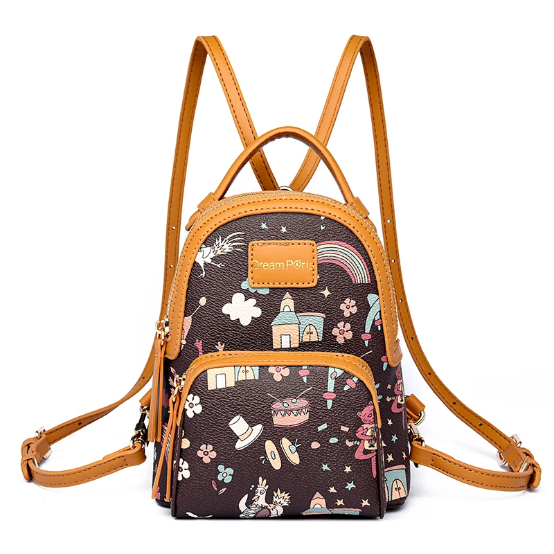Women Fashion School Small Backpack High Quality PU Leather Cute Printing Ladies Girls Double Shoulder Bag for Travel Shopping