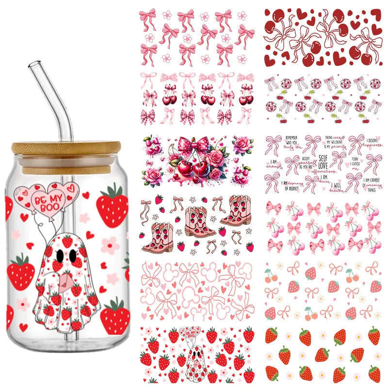 3D УФ DTF клубничный рождественский бант переводная наклейка для стеклянной чашки