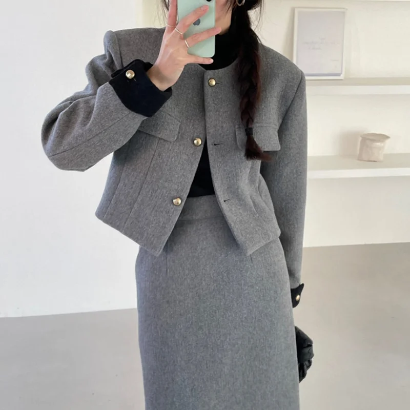 

Шикарное винтажное шерстяное пальто с О-образным вырезом и длинным рукавом, Женская юбка с высокой талией и разрезом, из двух предметов, осе...