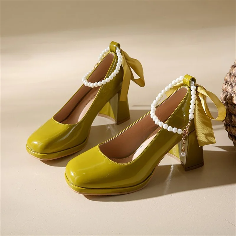 Ladies High Heels Elegant Bow Square Toe Black Fashion Women's Pumps Thick Heel Wedding Party Pearl Lace Wedding Shoes for Women