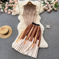 summer two pieces set women casual knit sleeveless solid slim tank top high waist pleated striped long skirt office lady sets