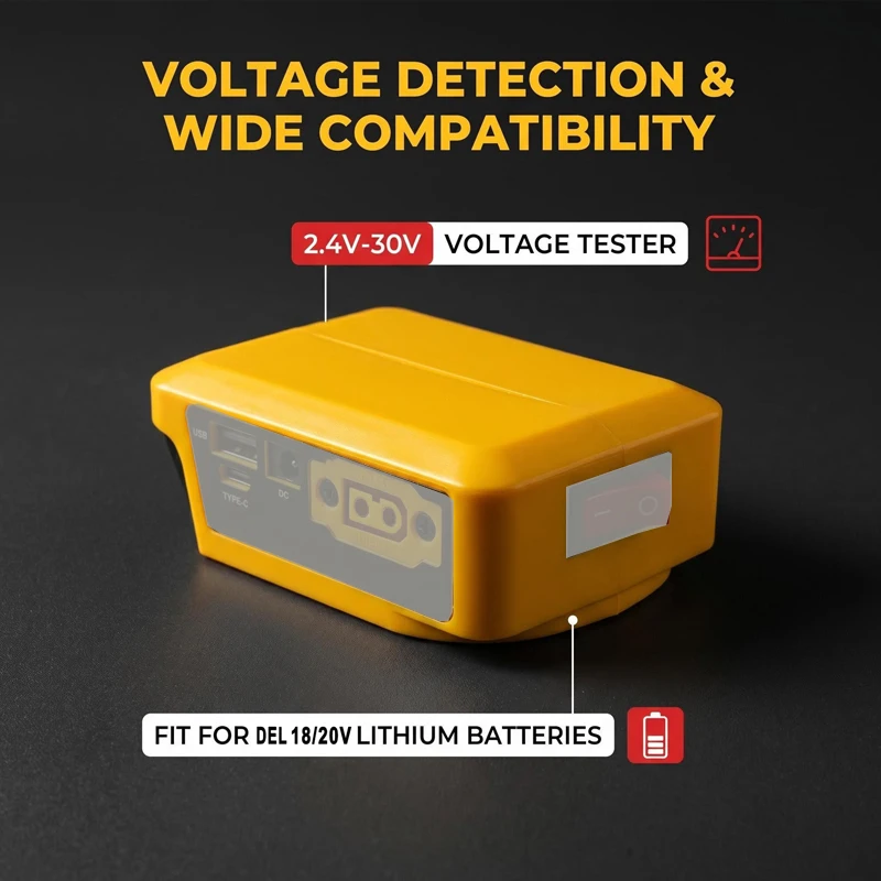 Фото Адаптер питания Dewalt 20V с портами USB Type-C и DC для мобильных телефонов, повербанков, инструментов постоянного тока, светодиодных фонарей, DIY-проектов и радиоуправляемых моделей №2
