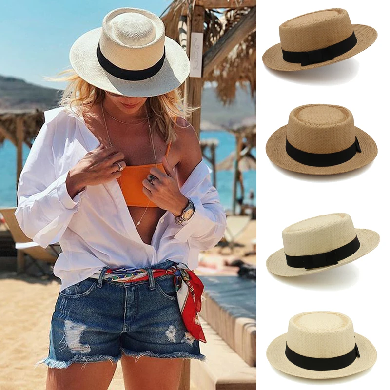 

Lager Size Adjustable US 7 1/2-7 5/8 UK L-XL Men Women Straw Pork Pie Hats Summer Sunhat Boater Cap Sailor Sombrero Beach Fedora