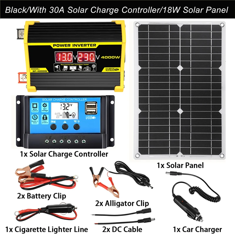 

Solar Energy Systems 4000W Modified Sine Wave Inverter USB 12V to 110V/220V Vehicle 18V 18W Solar Panel+30A Solar Controller Set