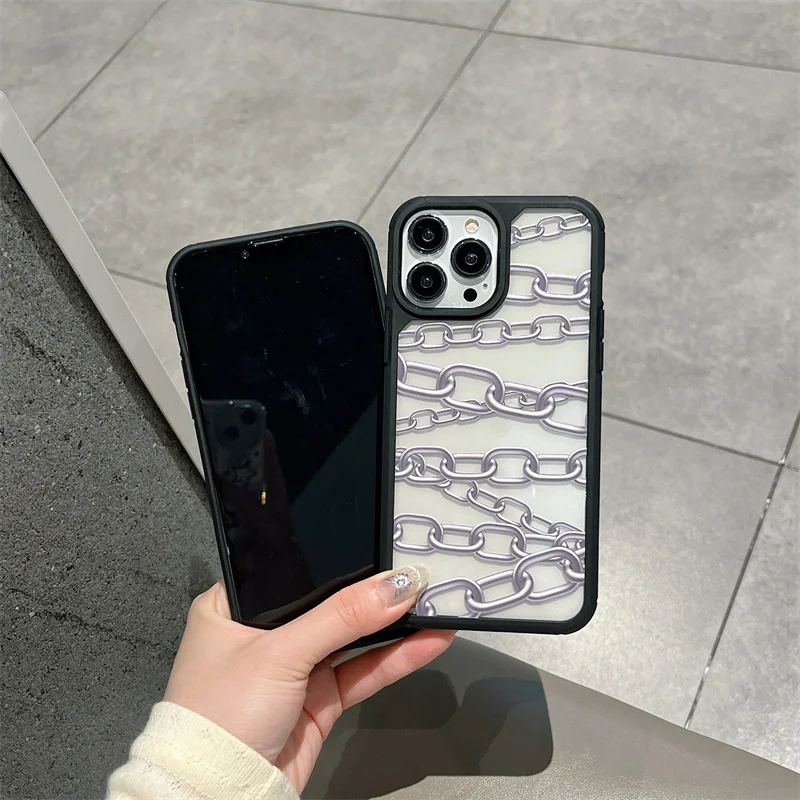 Модный серебристый черный армированный чехол с цепями для телефона iPhone 15 13 Mini 14Pro