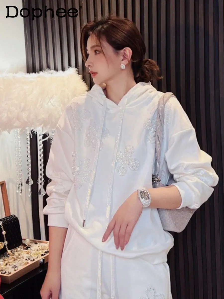 

Весенняя новинка, тренировочная одежда, женская модная темпераментная толстовка с бусинами, повседневные брюки с широкими штанинами, комплект из двух предметов