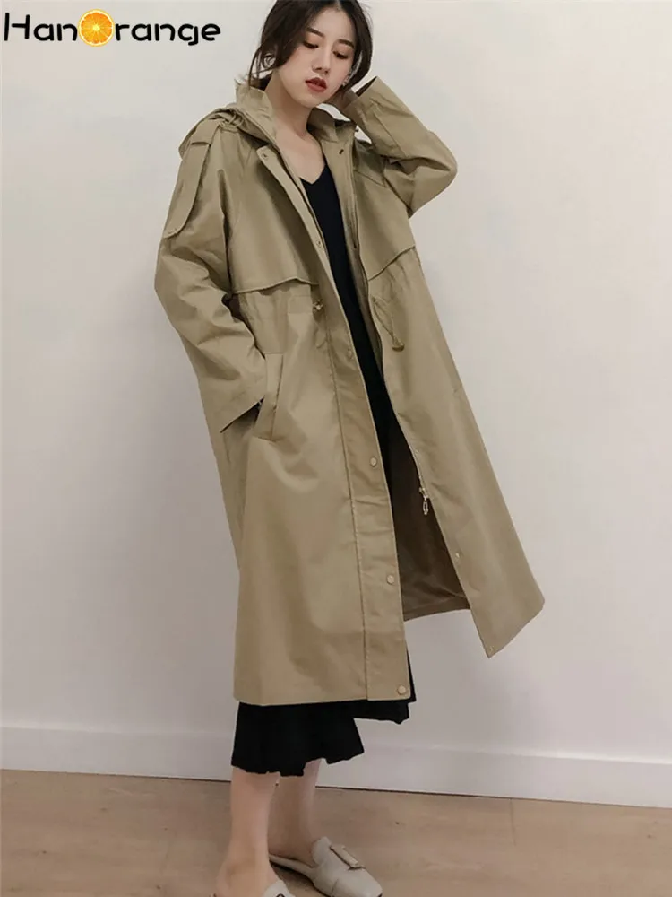 

HanOrange Spring Autumn Women's Windbreaker Hooded Trench Coat Ladies Khaki Over-the-knee Fashion Women's Coat Spring 2022