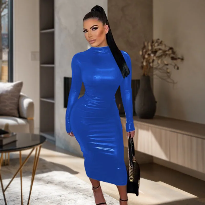 Black Midi Bodycon Dress Sexy Women Turtleneck Long Sleeve Pu Leather Party Dresses Club Elegant Autumn Winter