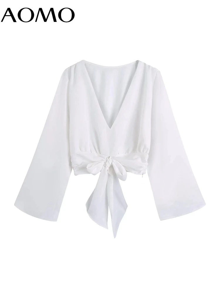 

AOMO Women Retro White Crop Shirt with Slash Flare Long Sleeve 2022 Chic Female Slim Shirt Tops CE117A