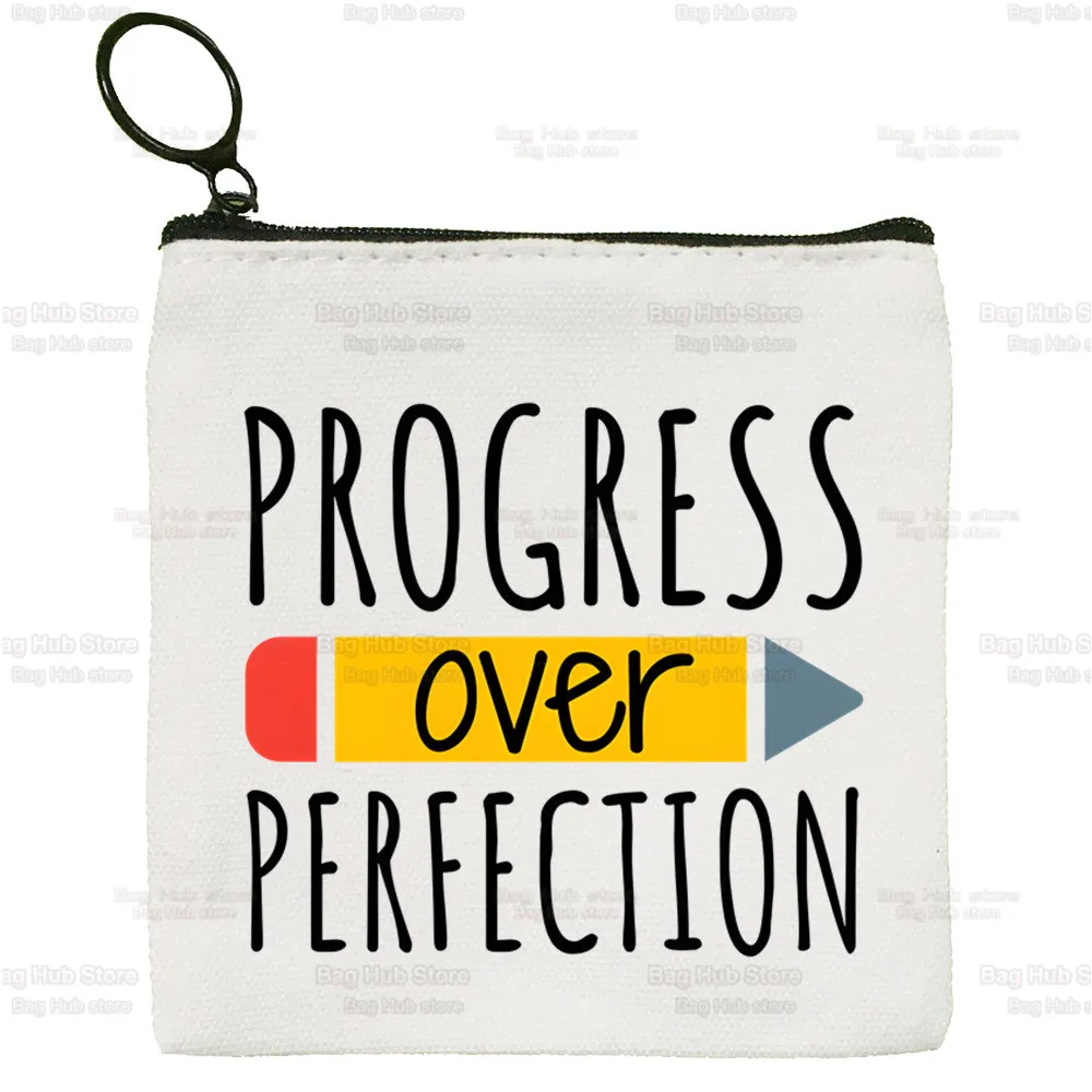 Best Teacher Ever Progress Over Perfection Cute Mini Coin Purse Canvas Student Wallet Coin Case Zipper Hand Female Key Case