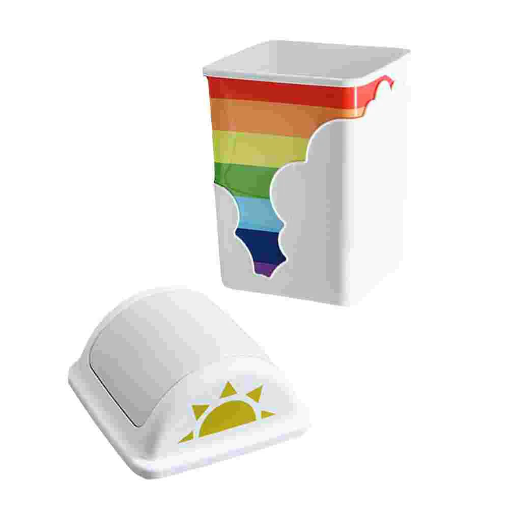 

1Pc Household Trash Container Rainbow Pattern Waste Holder Lidded Trash Can