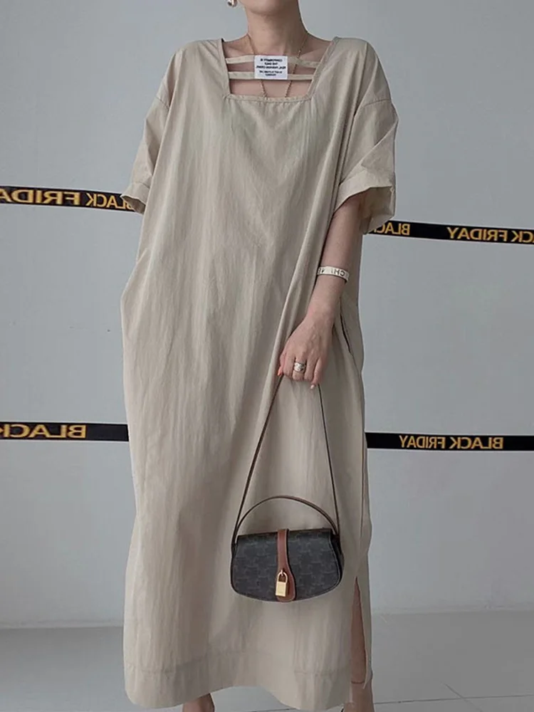 

Женское длинное платье с квадратным вырезом, свободное однотонное платье разных цветов с коротким рукавом, модель G780 на лето, 2022