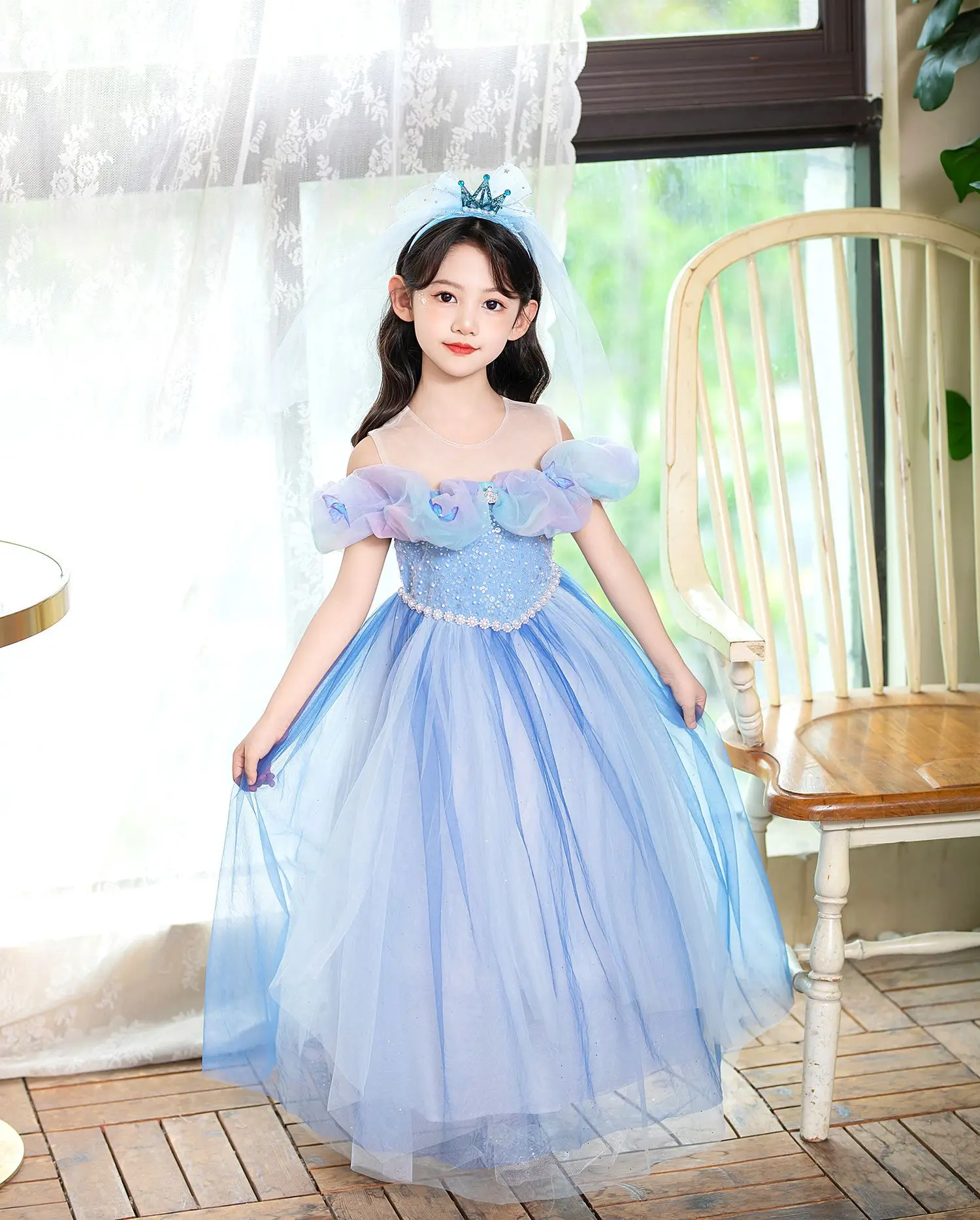 Disney Girl Princess Dress for Kids Sequins Pearl Cinderella Costume 3D Butterfly Luxury Gradient Birthday Carnival Party Gowns