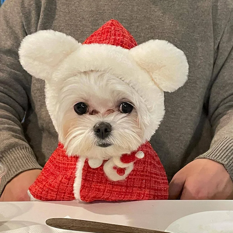

Merry Christmas Dog Shawl Plush Ears Hooded Kitten Puppy Bib Small Dogs Cape Warm Teddy Chihuahua Dog Accessories Pet Items