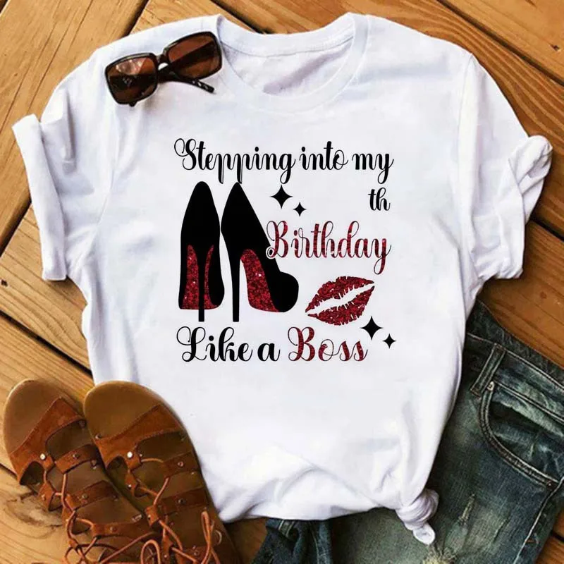 

Модная футболка на высоком каблуке, женские повседневные футболки с коротким рукавом, черные топы с принтом для девочек в стиле Харадзюку, з...