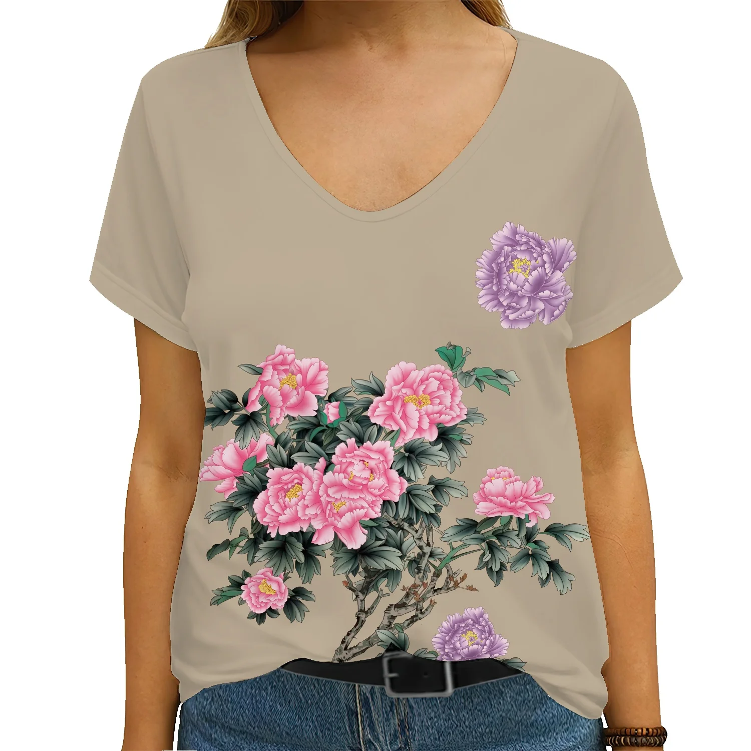 

Women's Short Sleeve Peony Flower Print 3DT Shirts Ladies 2022 Casual Street Fashion Ladies V Neck Short Sleeve Oversize Top