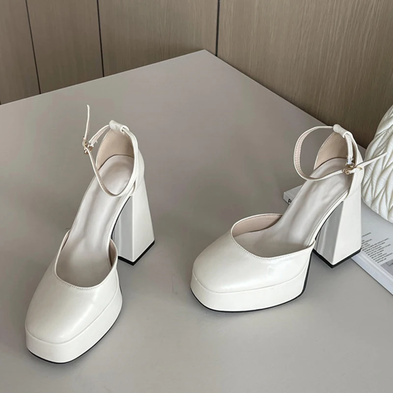 

Liyke New Brand Women Sandals Summer Shoes Sexy Thick High Heels Platform Square Toe Ankle Buckle Strap Lady Party Dress Pumps