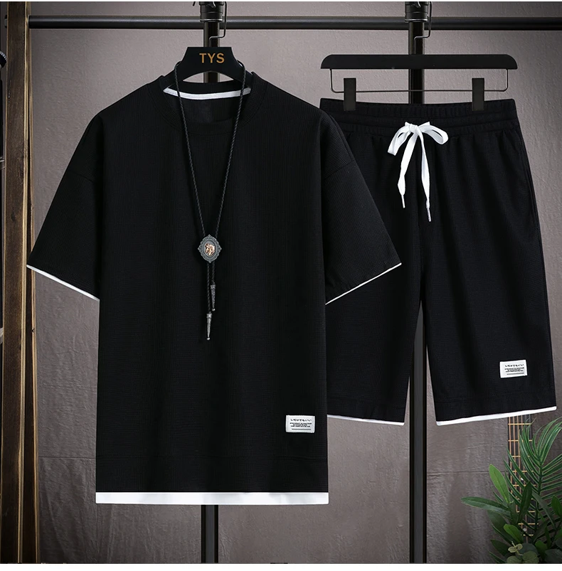 

2023 Fake Two Piece Waffle T-shirt Men's Short Sleeve Summer Casual Sports Set Loose Half Sleeve T-shirt Shorts Two Piece Set