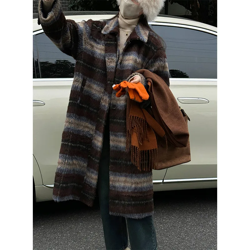 

Fuzzy Plaid Wool Coat Fall Winter Women's Loose Medium Length Outwear