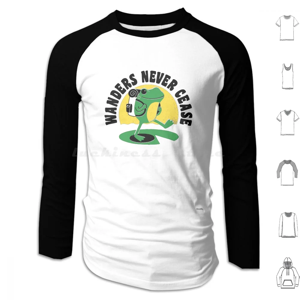 

Wanders Never Cease Hoodies Long Sleeve Frog Travel Wander Hiking Outdoors Animals Retro Vintage Funny Cute