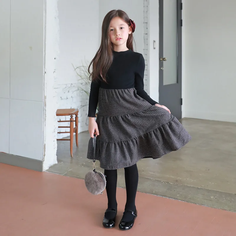 Girls Dress 2021 New Autumn & Winter Kids Plaid Elastic Knit Top Patchwork Baby Princess children Party Wool #5405 | Детская одежда