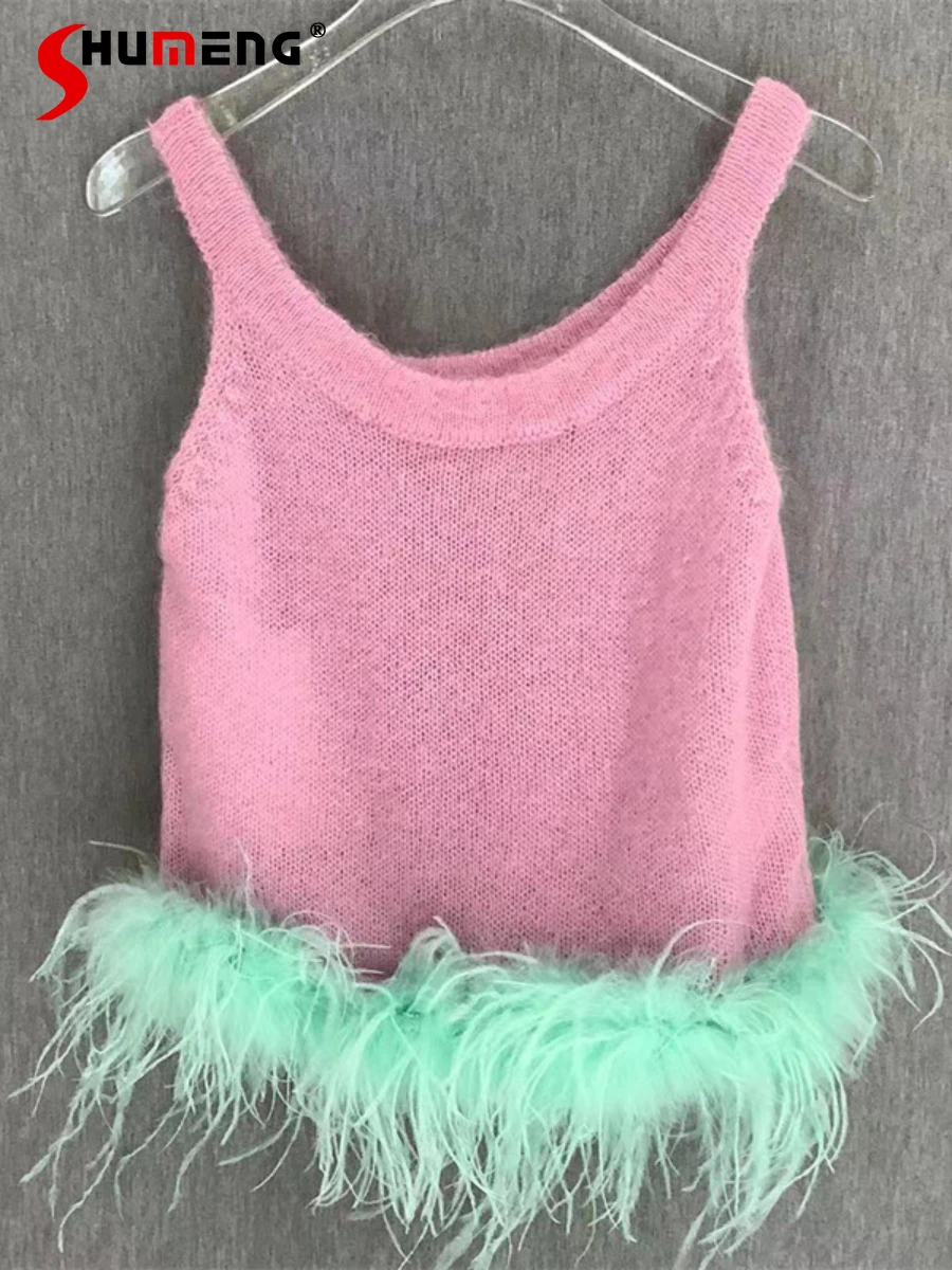 

Sexy Light Luxury Socialite Stitching Furry Sleeveless Crop Top Female Niche Senior Contrast Color Fit Outer Wear Knitted Vest