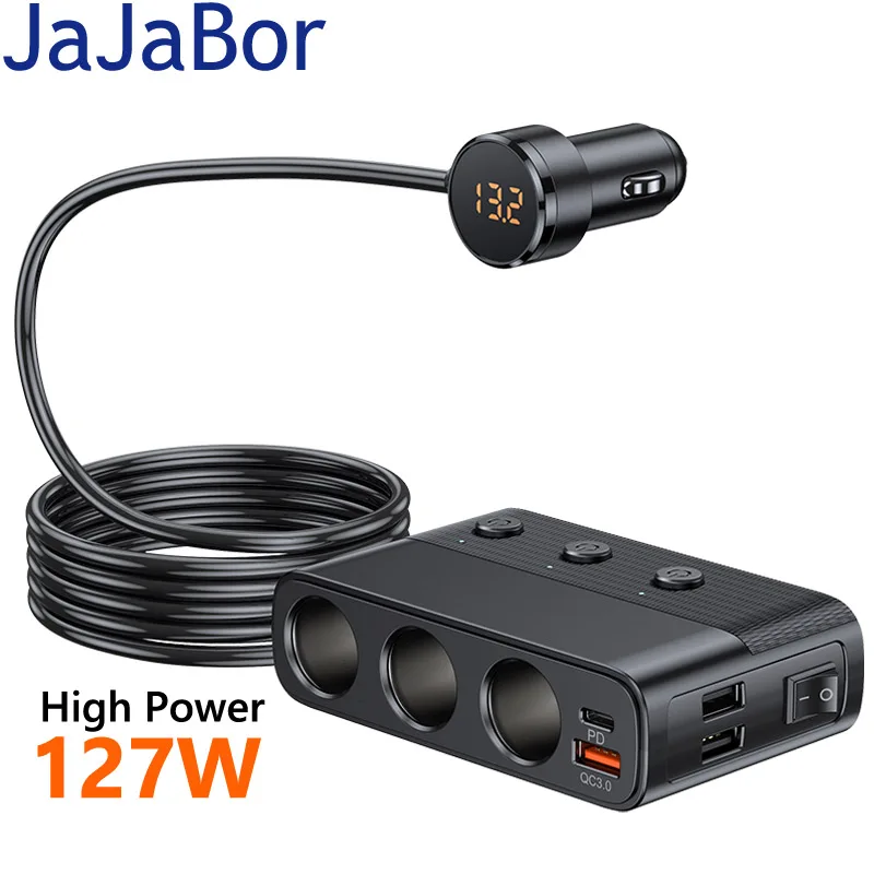 JaJaBor розетка для автомобильного прикуривателя Разветвитель 7 портов QC3.0 18 Вт PD 30 Вт Быстрая зарядка независимый переключатель 127 Вт адаптер высокой мощности