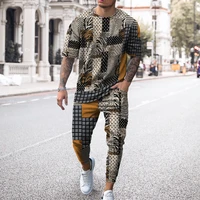 men summer 2 piece long sleeve t shirt trousers set 3d printing vintage cool outfit egyptian style oversized casual sportswear